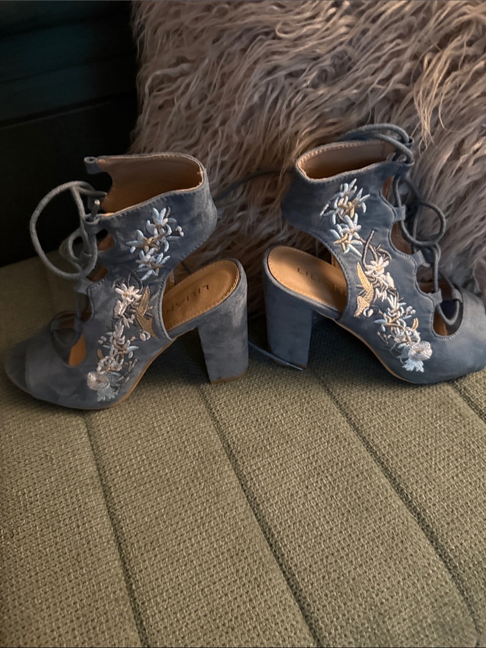 Liliana Blue Lace-Up Embroidered Block Heels